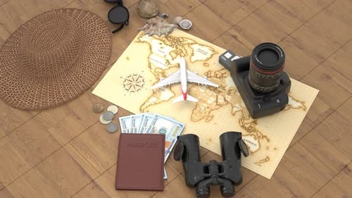 Travel Planning Essentials with World Map and Camera Movement