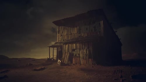 Deserted Wooden Shack in Dark, Mysterious Night Landscape