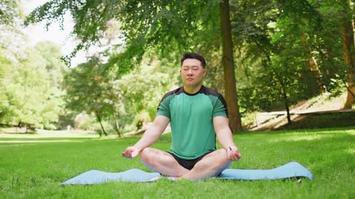Young Asian Man Sitting on Mat in Lotus Position Relaxing Practicing Yoga in Park on Summer Day