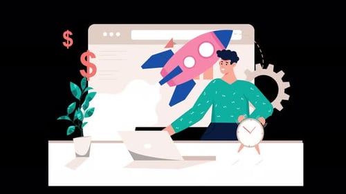 Corporate Startup Launch with Rocket and Business Icon Animation