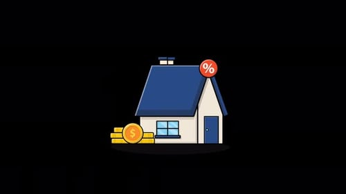 Flat Design House Animation with Flying Coins and Percentage Icon