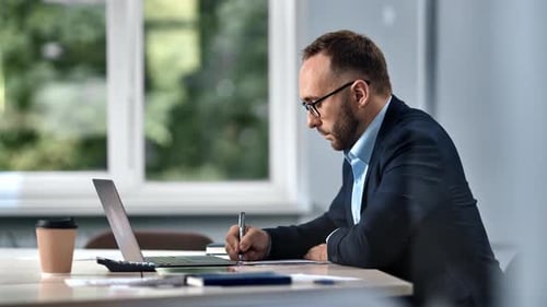 Male Boss Working Office Desk Making Notes Reminder Agenda Use Laptop Prepare to Business Conference