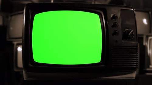 An Old TV Turning On Chroma Key Green Screen. Sepia Tone. Dolly Shot. 4K Resolution.