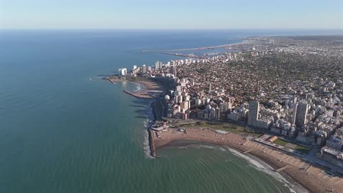 Panoramic aerial view of coastal city of Mar del Plata, Argentina. Famous tourist destination.