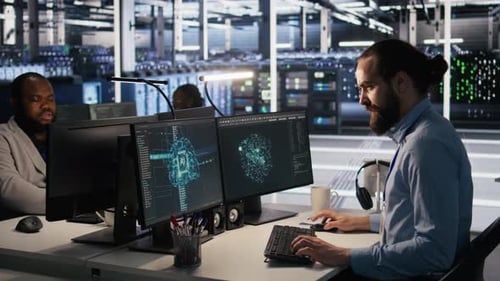 Overworked Technician in Data Center Managing AI Server Infrastructure