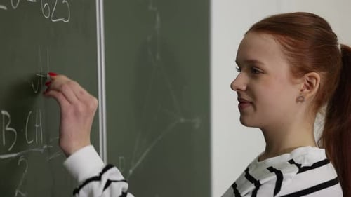 Young Woman Writing Equations on a Blackboard