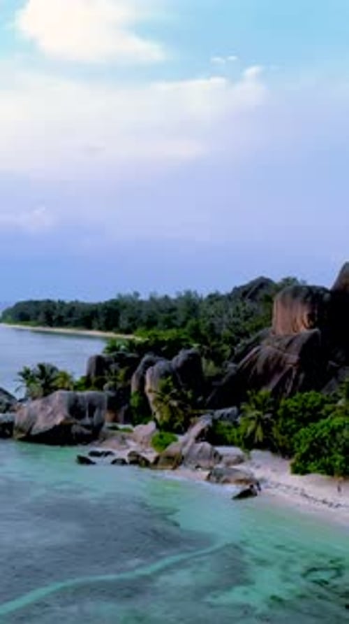 Anse Source D Argent Beach La Digue Island Seychelles Aerial View on Tropical Beach Seychelles