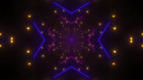 Dynamic neon tunnel with geometric shapes and lights pulses forward