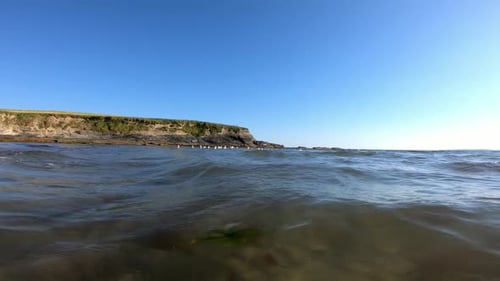 Smooth handheld footage of summer waves and marine birds on water with cliffs in the background