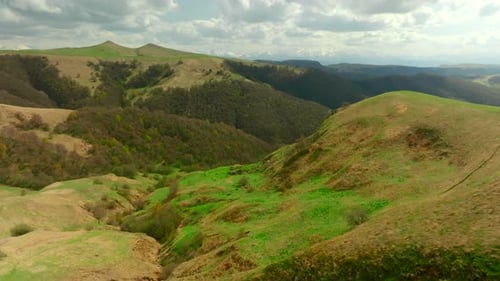 Top view of hills with green grass and sparse forest