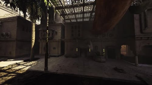Quiet Marketplace Scene with Closed Stalls and Weathered Awnings During Sunset