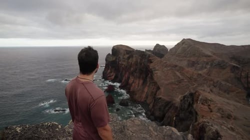 A man stands on a cliff edge at Ponta de São Lourenço, gazing out at the rugged coastline under mood