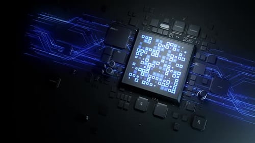 Futuristic Digital Processor with Glowing Data Flow Animation