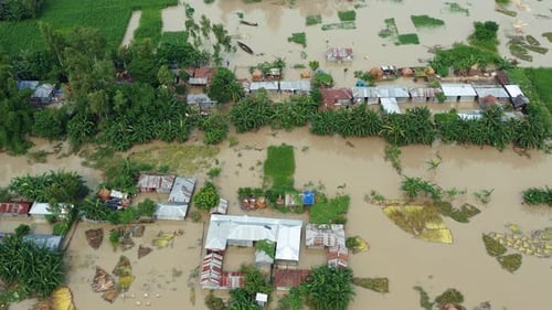 Aerial view of flooded village, Bangladesh.