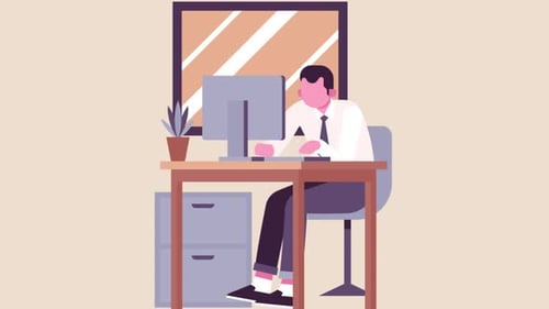 Flat Design Animated Man Working at Office Computer Desk