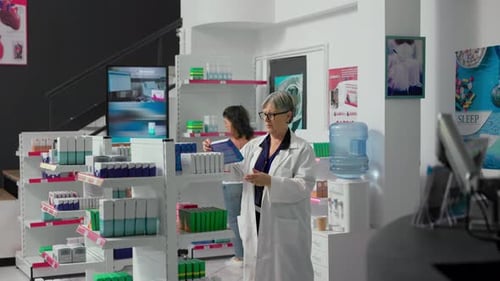 Assistant principal travaillant en tant que pharmacien organisant des médicaments