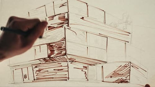 Young Man Artist is Drawing Buildings By Pencil on White Paper Top View The Architect Making