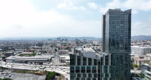 Los Angeles Downtown Fly LA By Drone Skyscrapers Cityscape at Sunny Day Los Angeles CA USA June 1