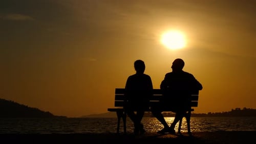 Silhouetted Couple Share Romantic Sunset Moment on Bench