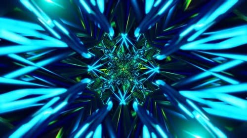 Kaleidoscopic Neon Tunnel with Geometric Prisms and Pulsating Lights and Energy