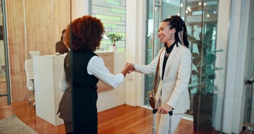 Business woman, welcome and handshake in hotel for travel, introduction and seminar accommodation