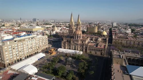 Guadalajara Aerial Golden Hour Orbit of Catedral de Guadalajara Mexico