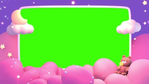 Cute Kids Dreamland Frame with Green Screen – 3D Clouds, Stars, Teddy Bear