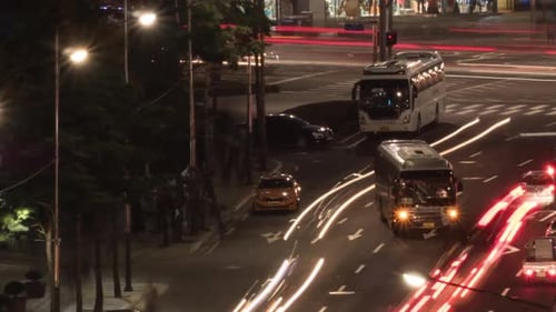 Timelapse of night car traffic on busy streets in Seoul, South Korea