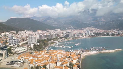 Cinematic Drone Flight Above Budva Old Town in Montenegro. Typical Day