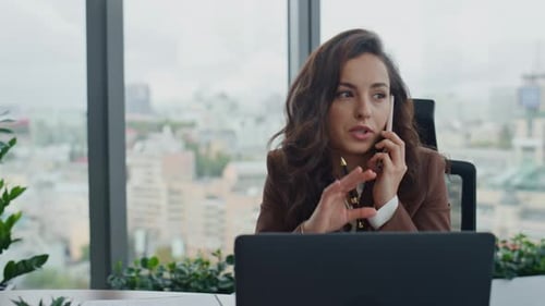 Business Lady Talking Phone Discussing Work Project at Office Desk Close Up