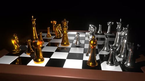 3D Chess Board with Gold and Silver Pieces Animation