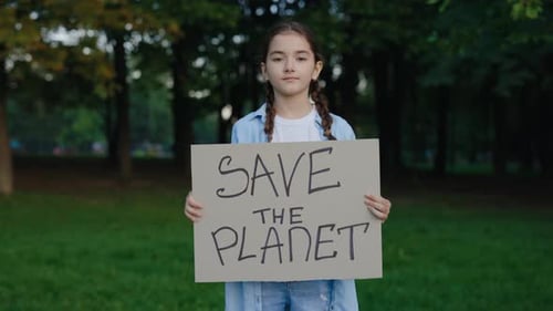 Save the Planet Poster Young Girl Eco Activist Holding Ecology Poster on the Green Forest Background