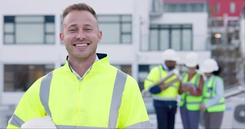City construction, face and man at building for maintenance services, civil engineering industry