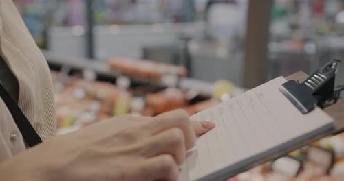 Closeup of Female Hand Checking List and Pointing at Food Products in Supermarket While