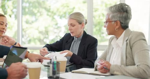 Marketing, documents and teamwork of business people in meeting discussing strategy in company