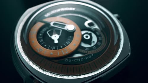 Nahaufnahme einer mechanischen Luxusuhr mit einzigartigem Zifferblatt
