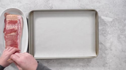 Bacon Bacon Strips Cooking Flat Lay Food Meat Pork Raw Recipe Step By Step Greasy Making Overhead