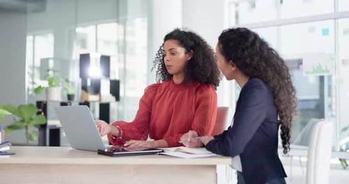 Laptop, collaboration and business women in office for creative, planning and marketing idea