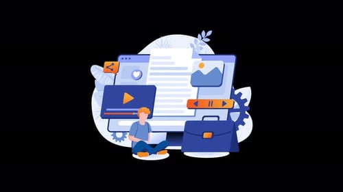A diverse young individual working on a laptop amidst digital elements