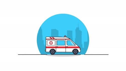 Flat Design Ambulance Driving with City Background Animation