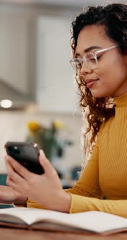 Student, girl and typing with phone in home for study break, college learning or social media post