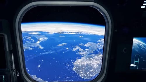 View of Earth from Spacecraft Window with Pointing Hand