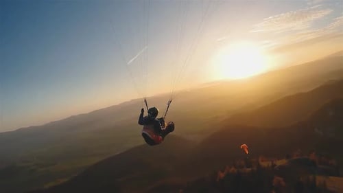 Evening Paragliding Flight over Mountains Nature, Freedom Adrenaline Adventure Free Like a Bird