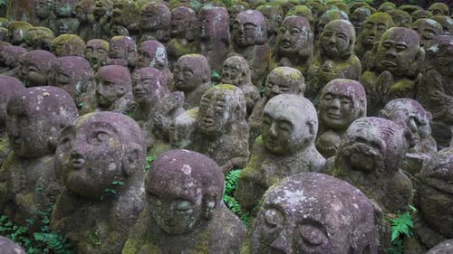 A group of Buddhas in a Japanese temple, each with different faces and facial details.