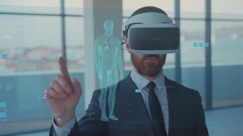 Professional in Formal Attire Interacting with Advanced Virtual Dashboards Displaying Vital