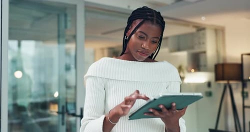 Thinking, tablet and black woman in office with research for finance report with budget planning