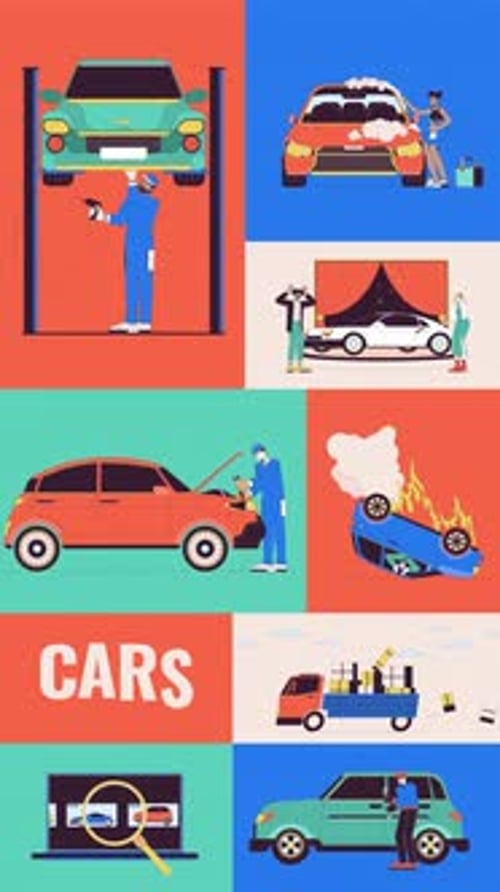 Car maintenance and accidents bento grid vertical animation