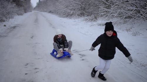 Children Enjoy Snowy Day Outdoors Playing and Sledding