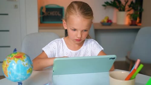 Girl learning from home school and study online class on communication.