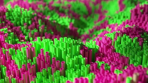 Vista microscópica de un paisaje ondulado formado por tubos rosas y verdes que crean un ambiente vibrante y abstracto